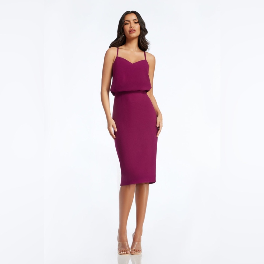 NWT‎ Dress the Population Alondra Blouson Midi Dress Plum Sheath XS
